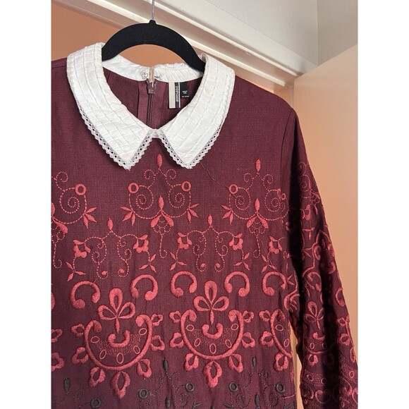 Topshop Embroidered Shift Dress Size 12 Burgundy 3/4 Sleeve Peter Pan Collar - Picture 4 of 15